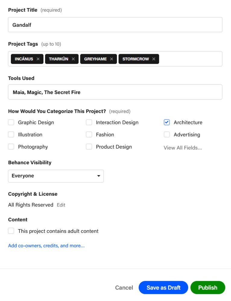 Screenshot of Behance, showing how to create a Project.
