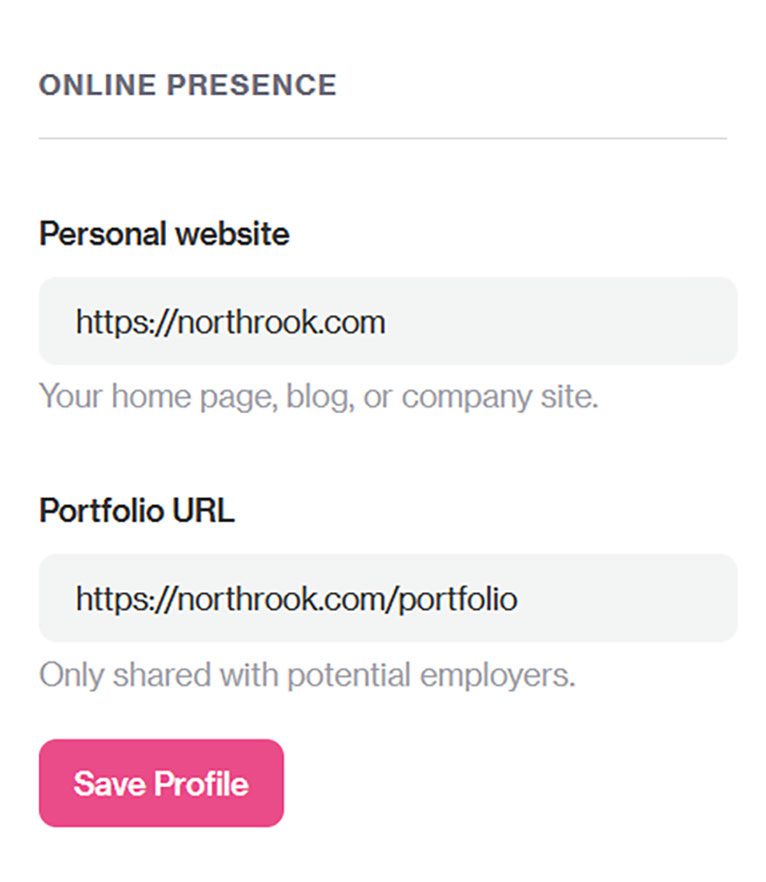 Image showing the personal website form on Dribbble.com.