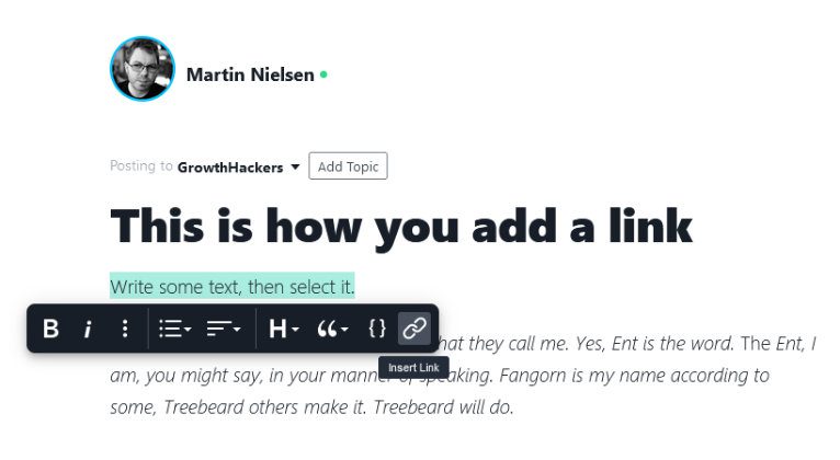 Screenshot showing you how to create a link on Growthhackers.