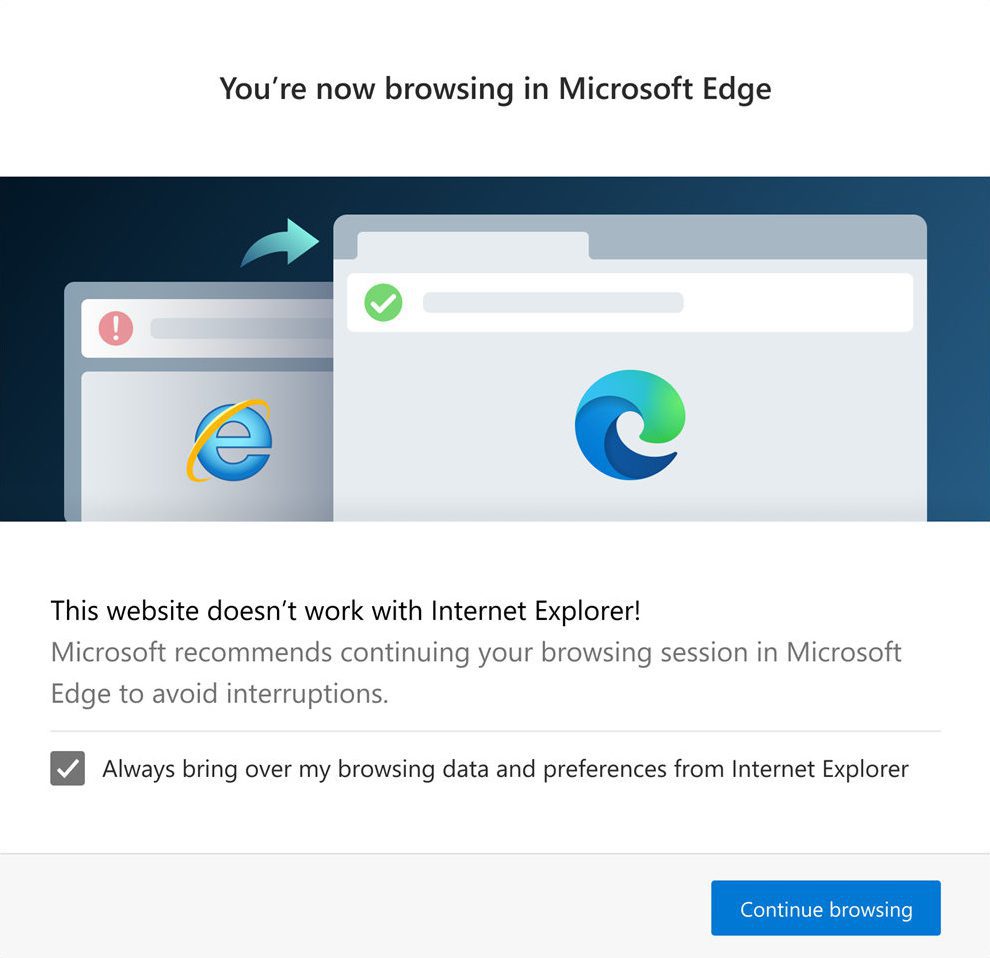 Example of the notification IE users will get when visiting a site enrolled in the IE to Edge programme.