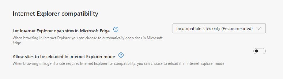 A screenshot of Microsoft Edges compatability options for Internet Explorer.