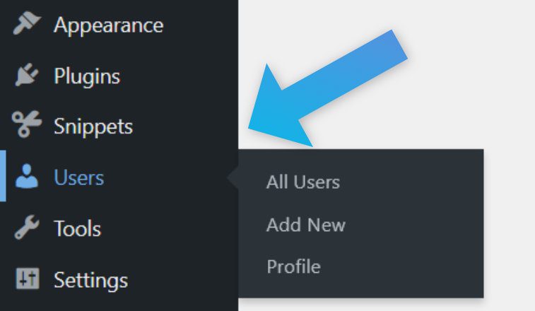 Screenshot of the WordPress admin interface, showing where the Users menu option is.